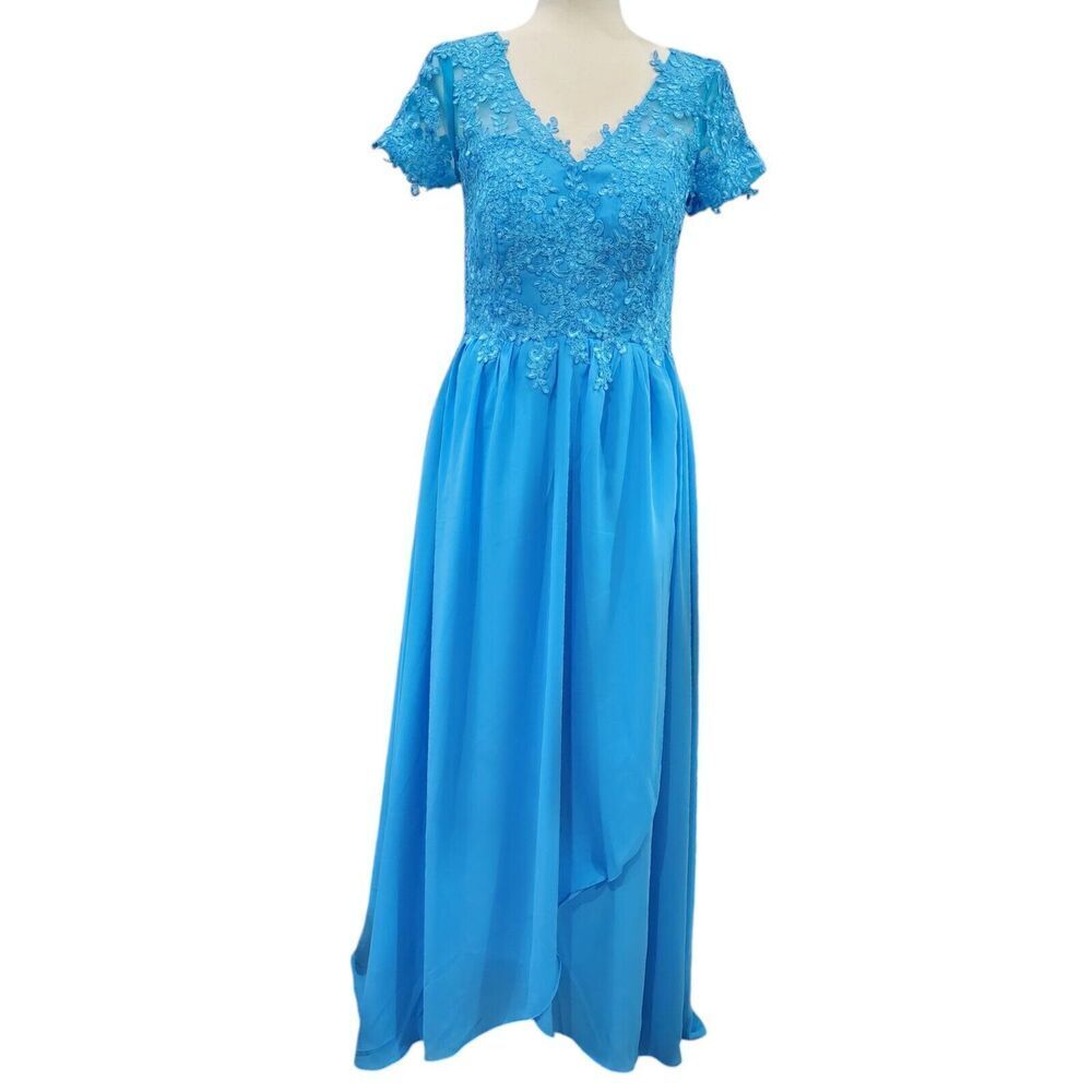 Blue Chiffon Lace Detail Maxi Dress Bridesmaid Wedding Guest Dress‎ Size 10 NEW